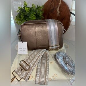 Pom Pom pompom London metallic bronze City Crossbody Bag purse strap bundle NWT